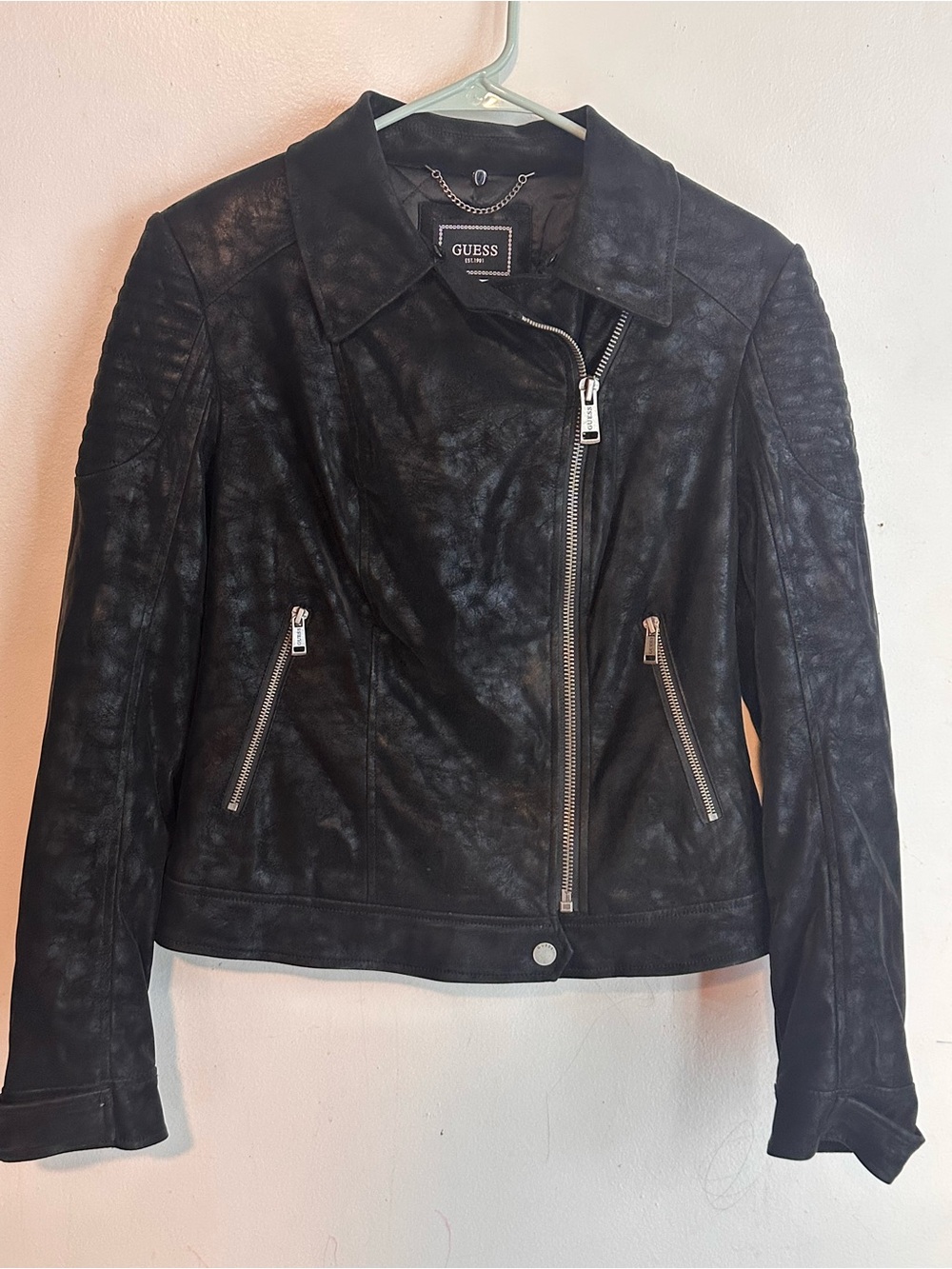 GUESS Black Faux-Leather Asymmetric Moto Jacket